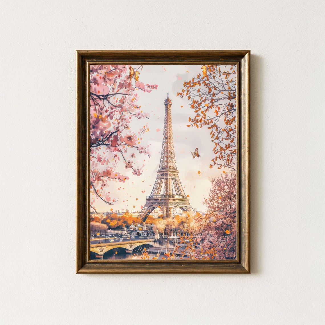Eiffel Tower Paris Cherry Blossom Watercolor Spring Travel Poster