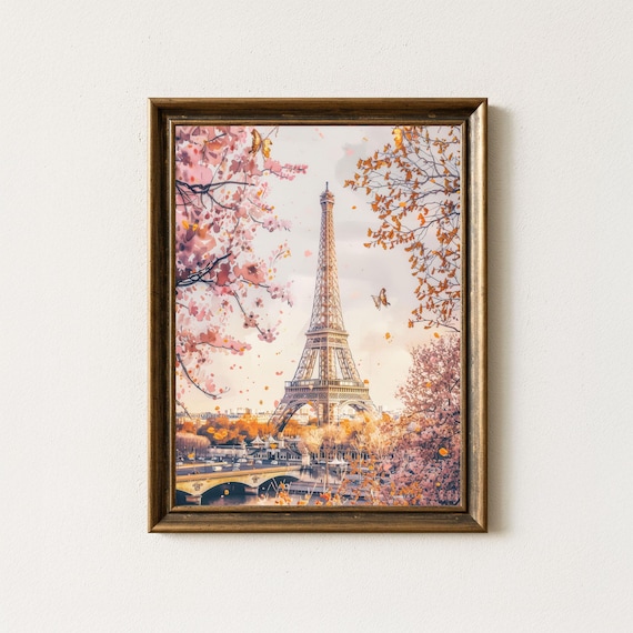 Eiffel Tower Paris Cherry Blossom Watercolor Spring Travel Poster