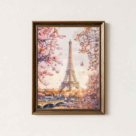 Eiffel Tower Watercolor Print Paris Cherry Blossom Wall Art