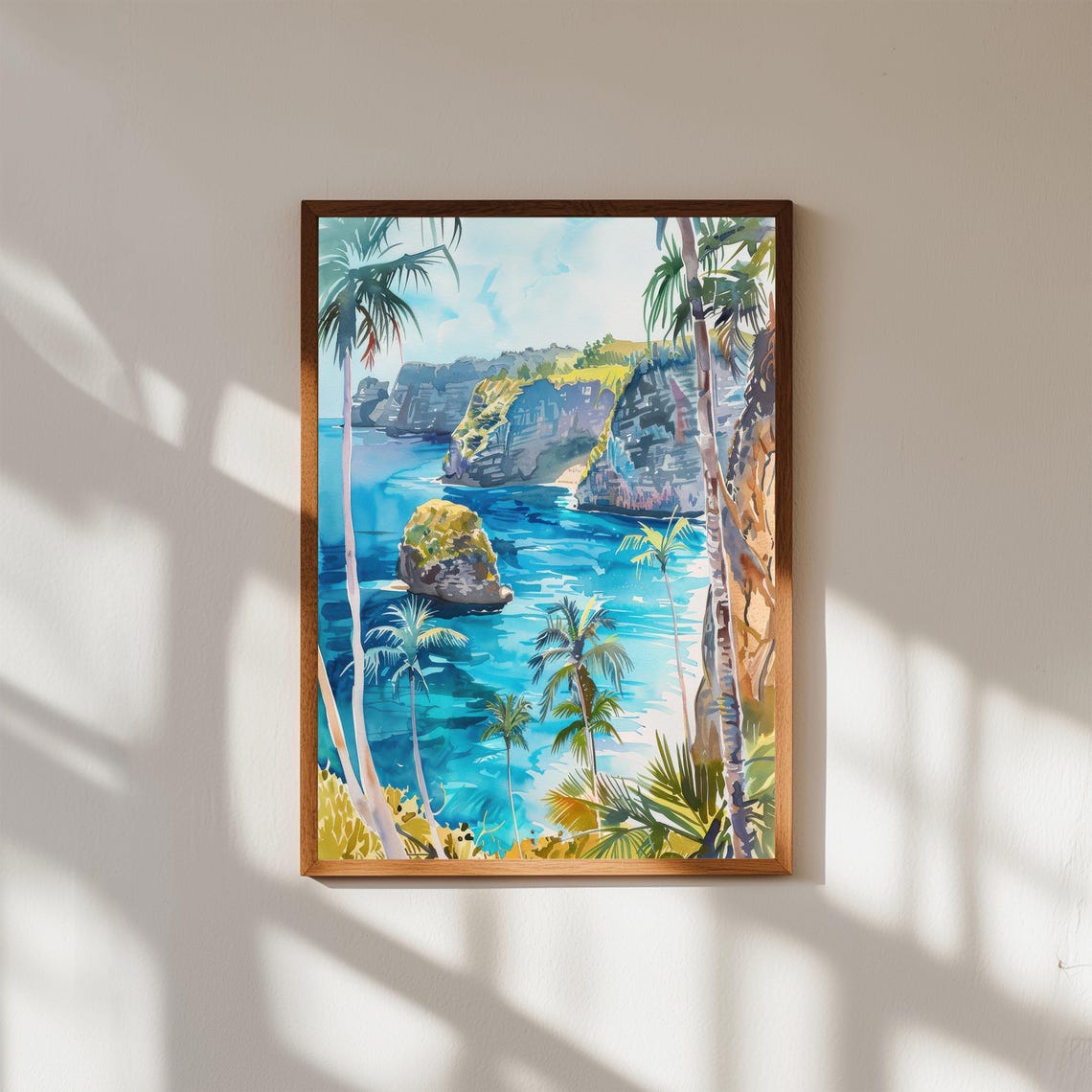 Bali Tropical Cliff Coast Palm Watercolor Turquoise Sea Poster