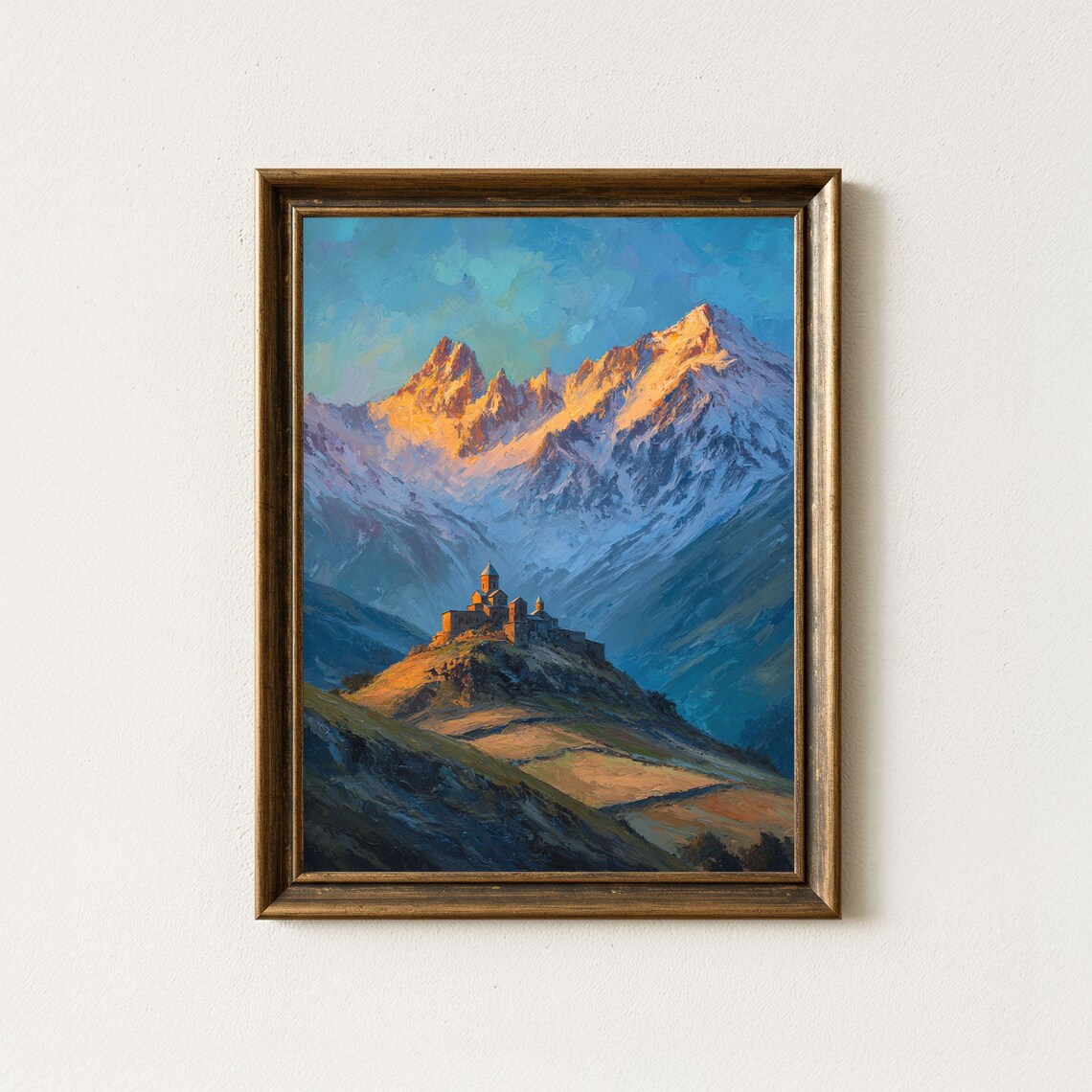 Hilltop Stone Church Caucasus Peaks Sunset Mountain Oil Art Print