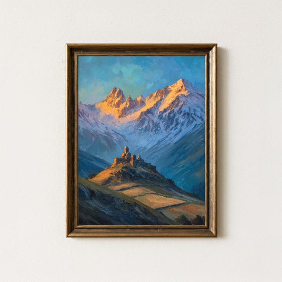 Gergeti Trinity Church Oil Painting Caucasus Mountain Art Print