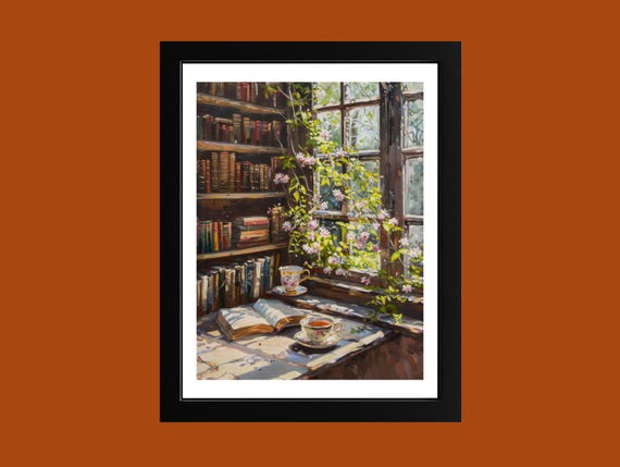 Rustic Vintage Library Oil Painting Print Antique Study Wall Art Old World Book Room Poster Dark Academia Decor Literary Office