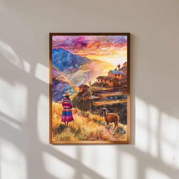 Andean Village Watercolor Print Peru Mountain Landscape Art