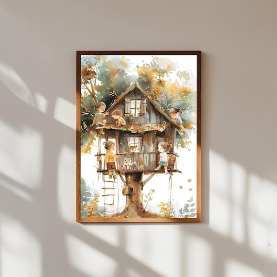 Whimsical Treehouse Watercolor Nursery Art Print