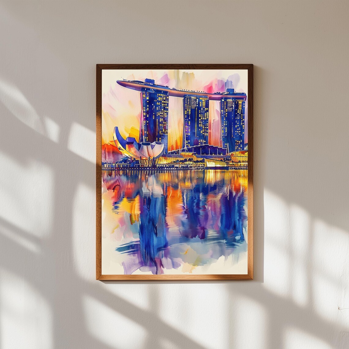 Singapore Marina Bay Sands Night Lights Waterfront Watercolor Print