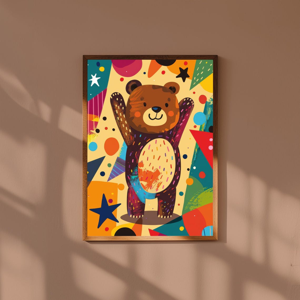 Joyful Baby Bear Arms Raised Colorful Confetti Nursery Wall Poster