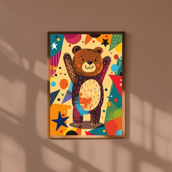 Joyful Baby Bear Arms Raised Colorful Confetti Nursery Wall Poster