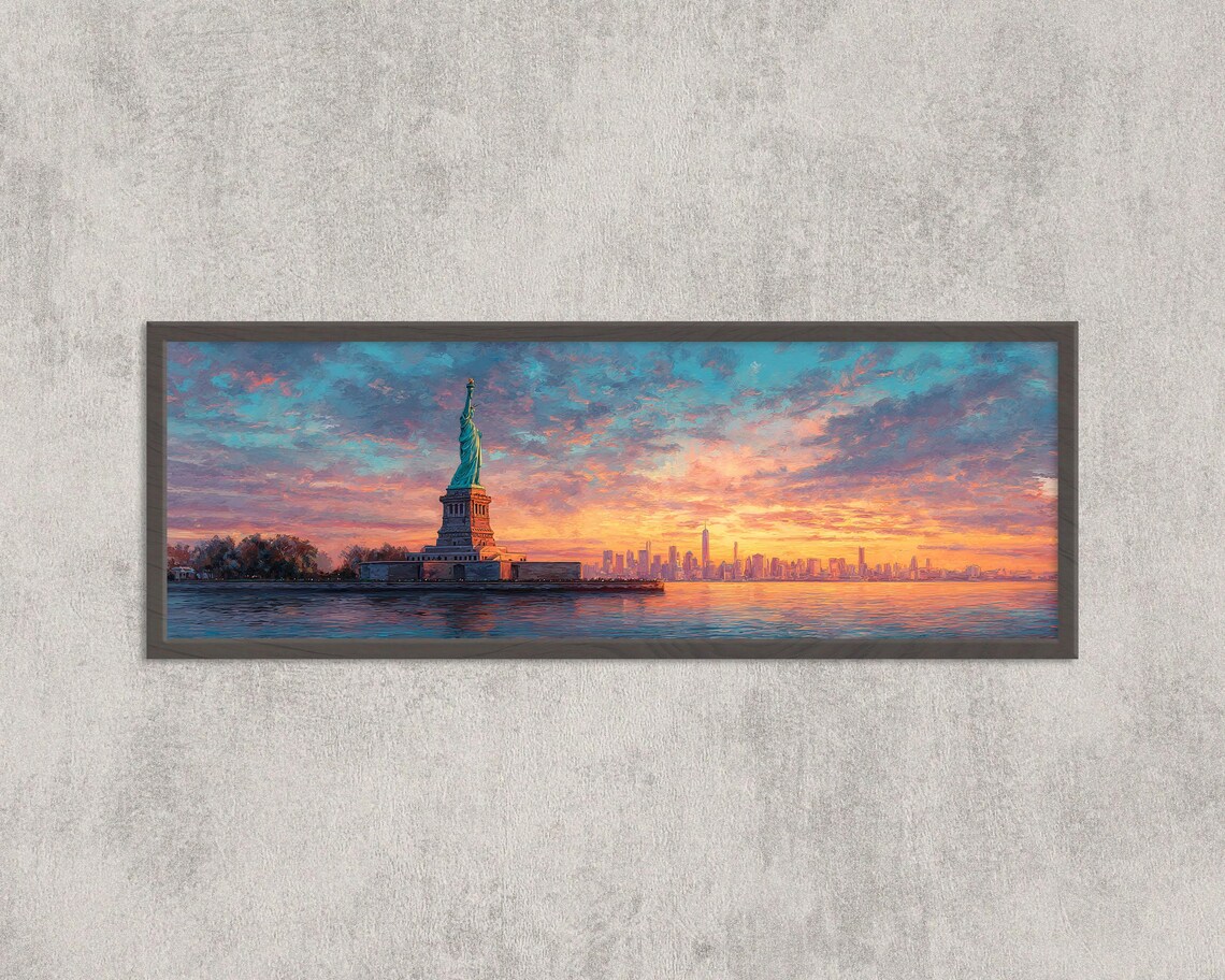 Statue of Liberty at Sunset Panoramic Harbor Skyline Watercolor Poster