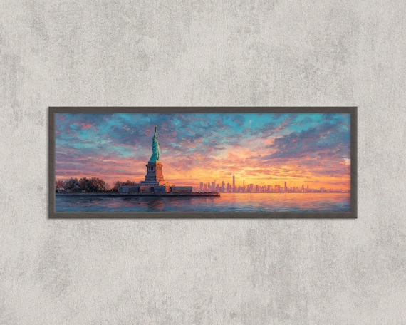 Statue of Liberty at Sunset Panoramic Harbor Skyline Watercolor Poster