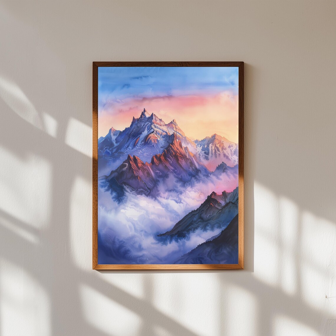 Alpine Mountain Sunrise Watercolor Poster Snowy Peaks Pink Sky Art