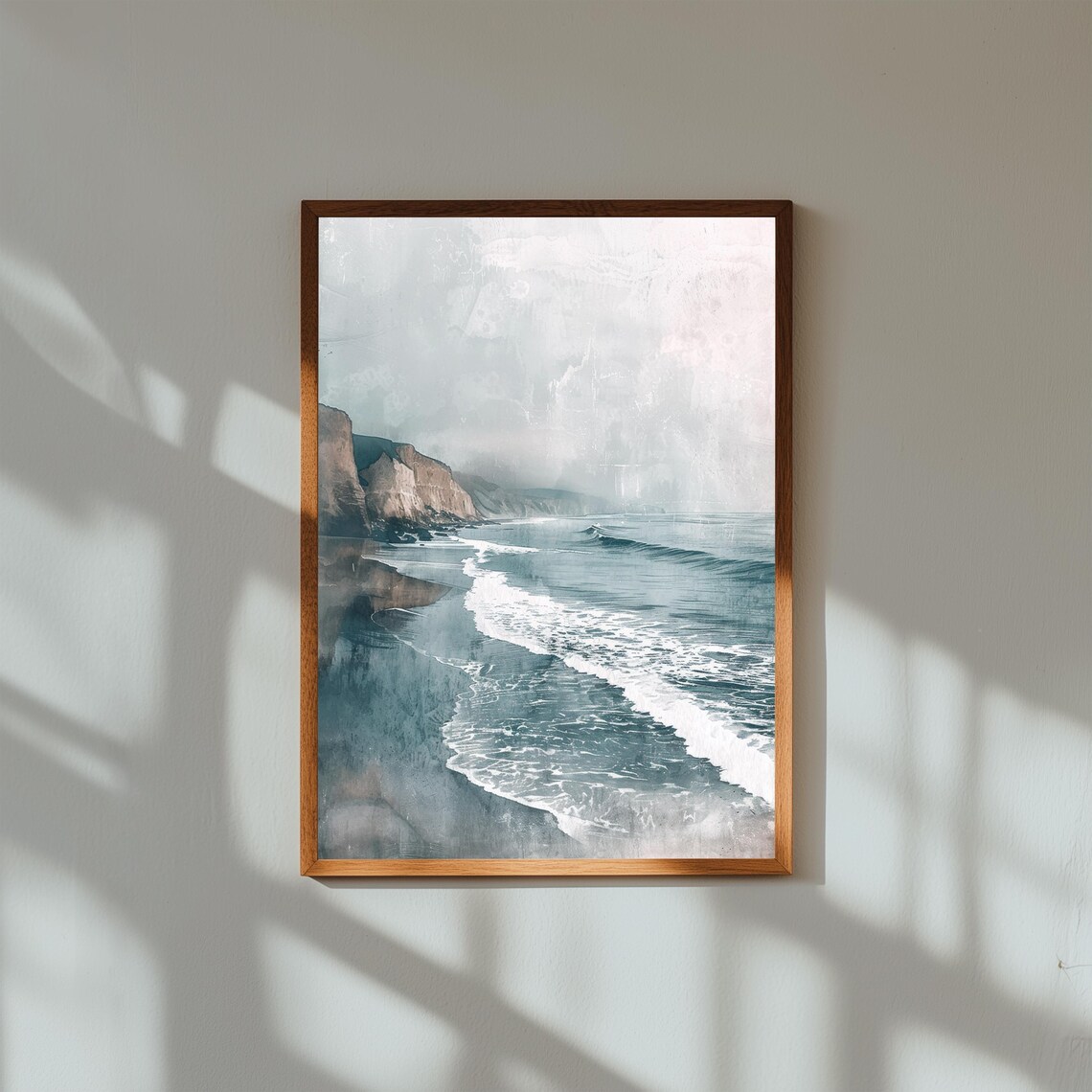 Misty Coastal Cliff Seascape Watercolor Ocean Waves Serene Poster
