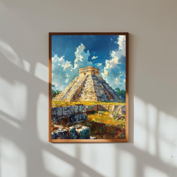 Chichen Itza El Castillo Watercolor Art Print Mayan Pyramid Mexico Travel Poster