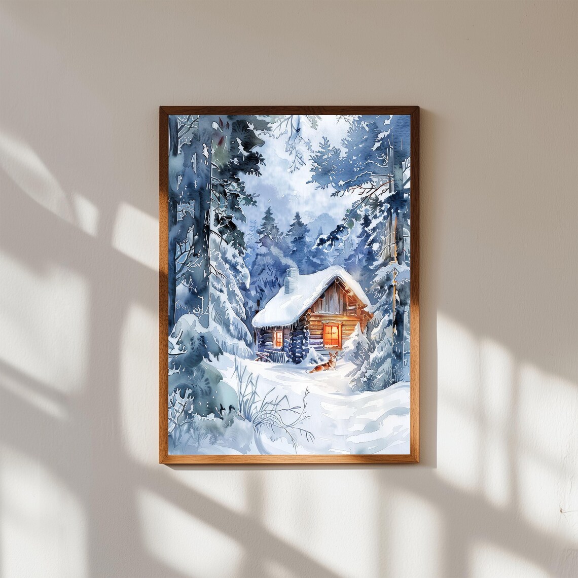 Lapland Winter Cabin Snowy Forest Warm Glow Watercolor Print