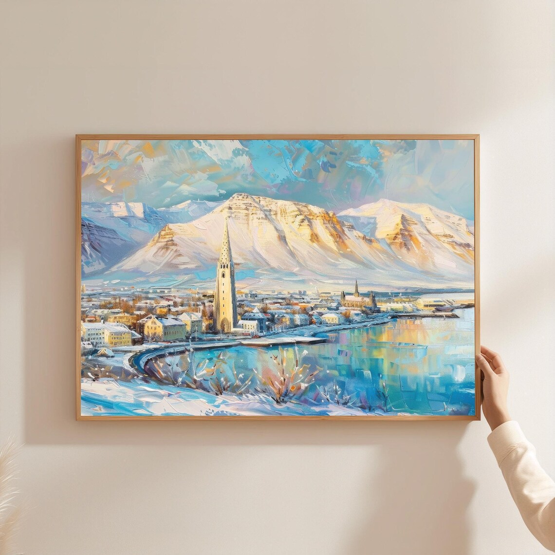Hallgrimskirkja Reykjavik Snowy Harbor Turquoise Painting Poster
