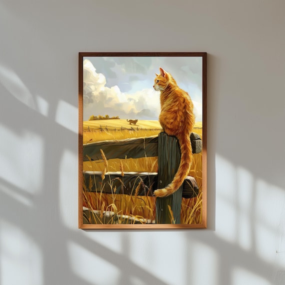 Orange Tabby Cat Fence Golden Field Farm Animal Whimsical Print