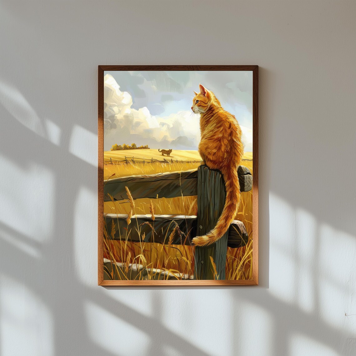 Orange Tabby Cat Fence Golden Field Farm Animal Whimsical Print
