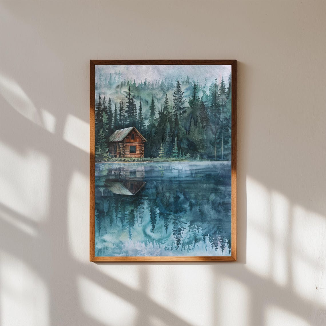 Lakeside Log Cabin Watercolor Mirror Lake Misty Pine Forest Print