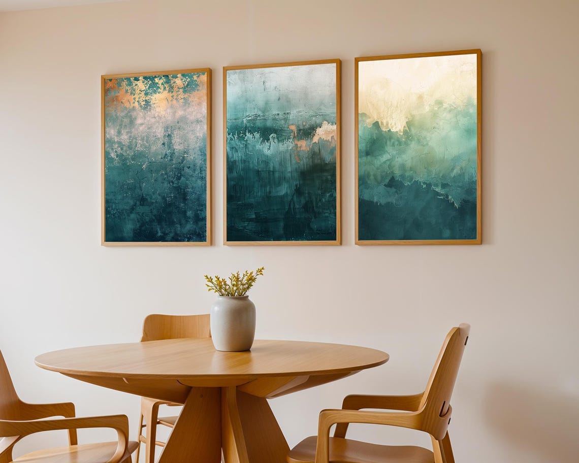 Teal Green Abstract Panels With Gold Leaf Accents Modern Poster