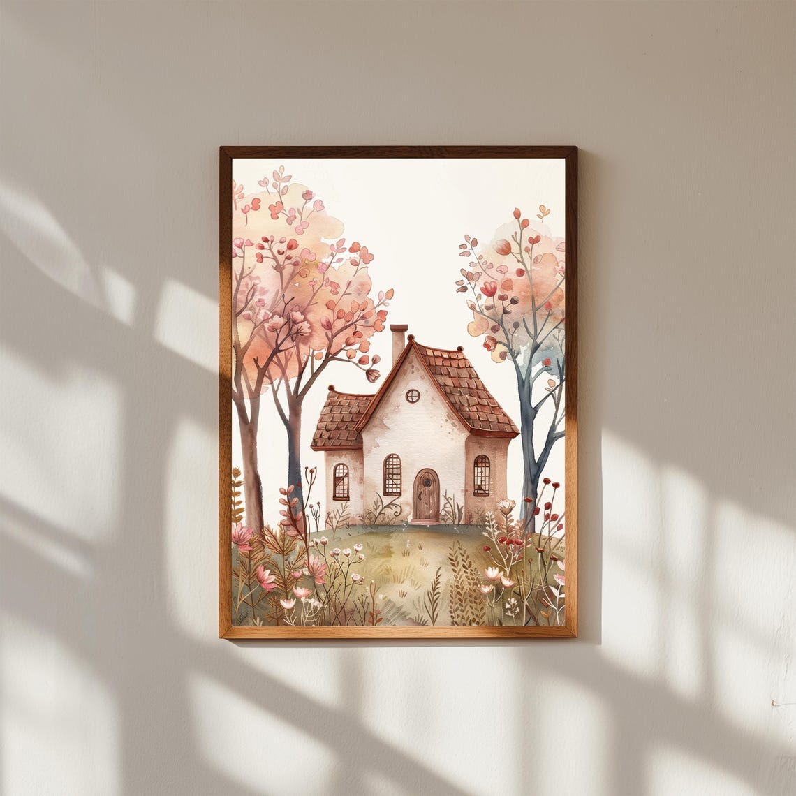 Tiny Country House With Autumn Trees Watercolor Cozy Art Poster