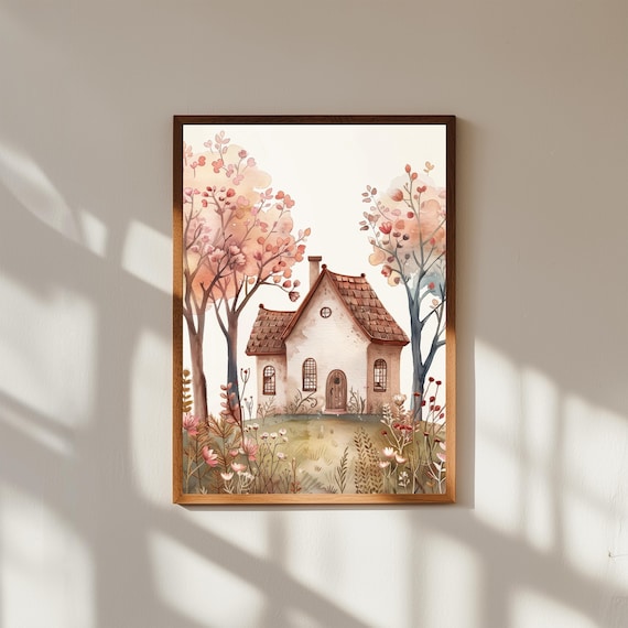 Tiny Country House With Autumn Trees Watercolor Cozy Art Poster