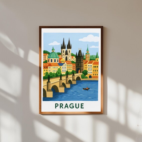 Colorful Prague Charles Bridge Old Town Travel Illustration Poster