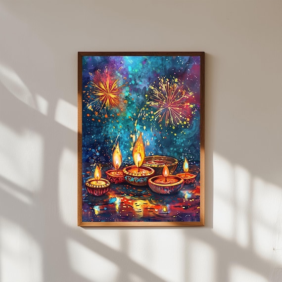 Diwali Festival of Lights Diyas Fireworks Colorful Watercolor Print
