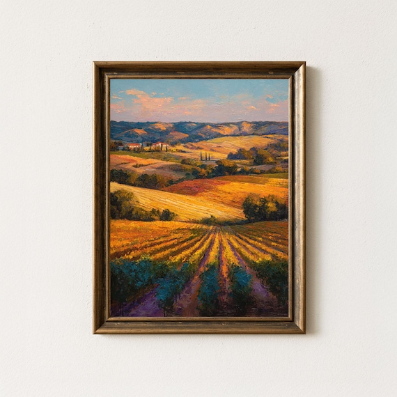 Tuscan Vineyard Golden Hour Oil Painting Rolling Hills Farm Poster