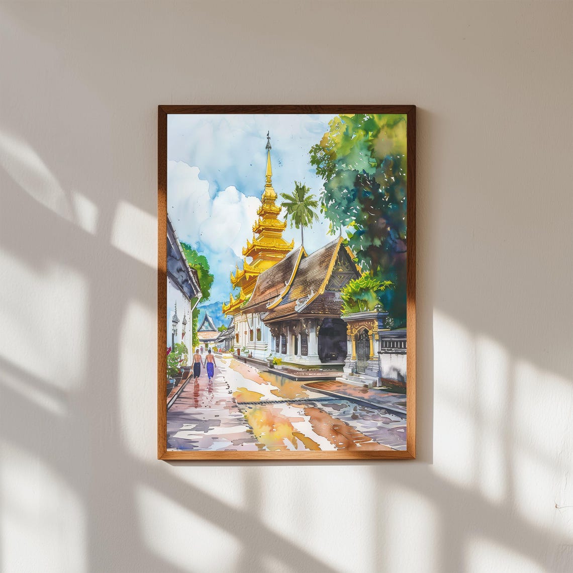 Luang Prabang Laos Golden Stupa Temple Street Watercolor Print