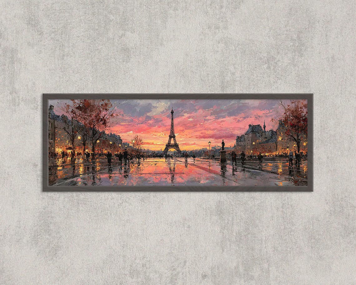 Eiffel Tower Sunset Panorama Paris Cityscape Oil Style Poster