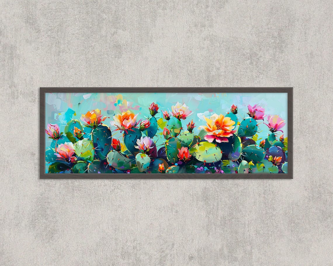 Colorful Cactus Bloom Panoramic Wall Art Desert Floral Painting Southwestern Botanical Print
