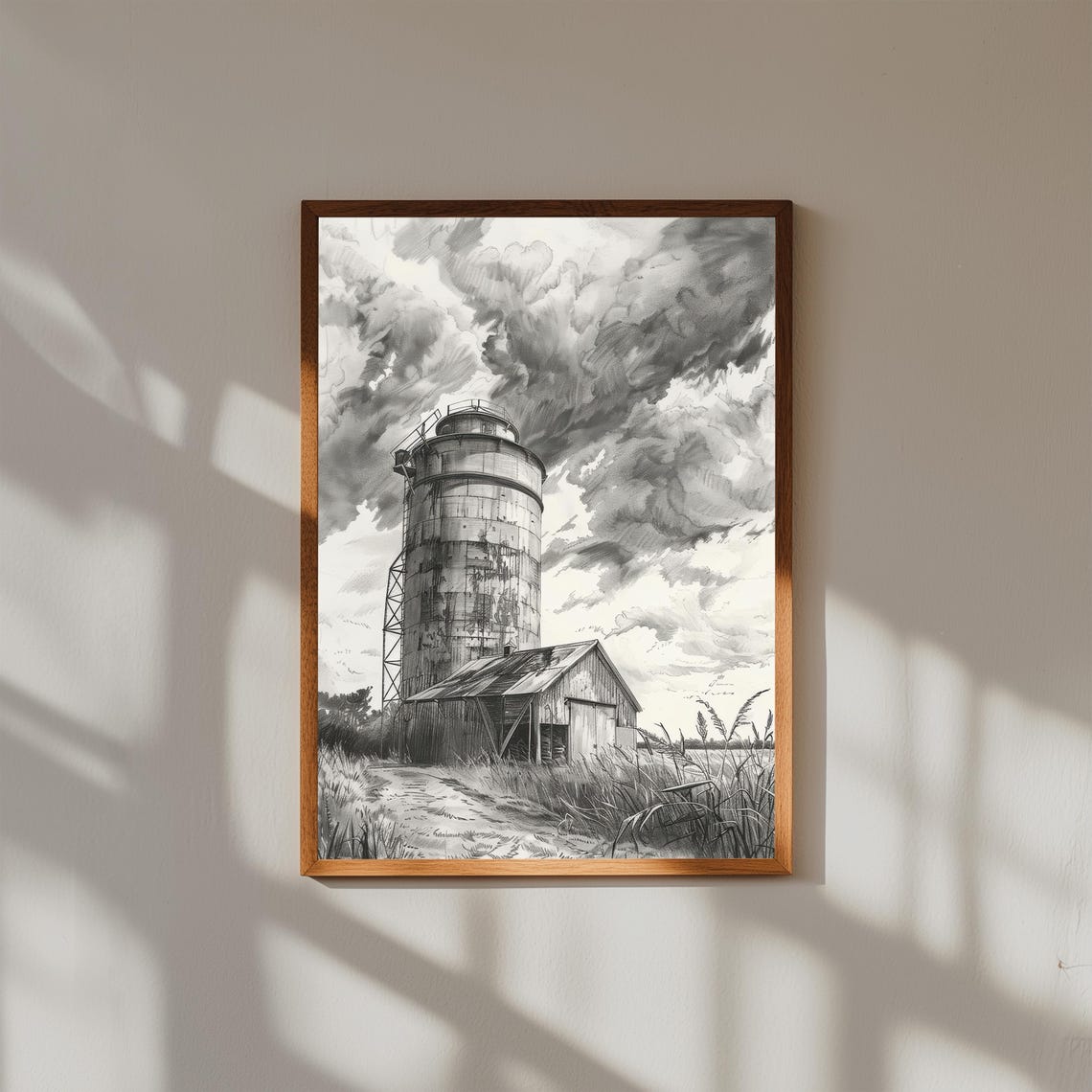 Grain Silo Sketch Stormy Clouds Black White Farmhouse Art Print