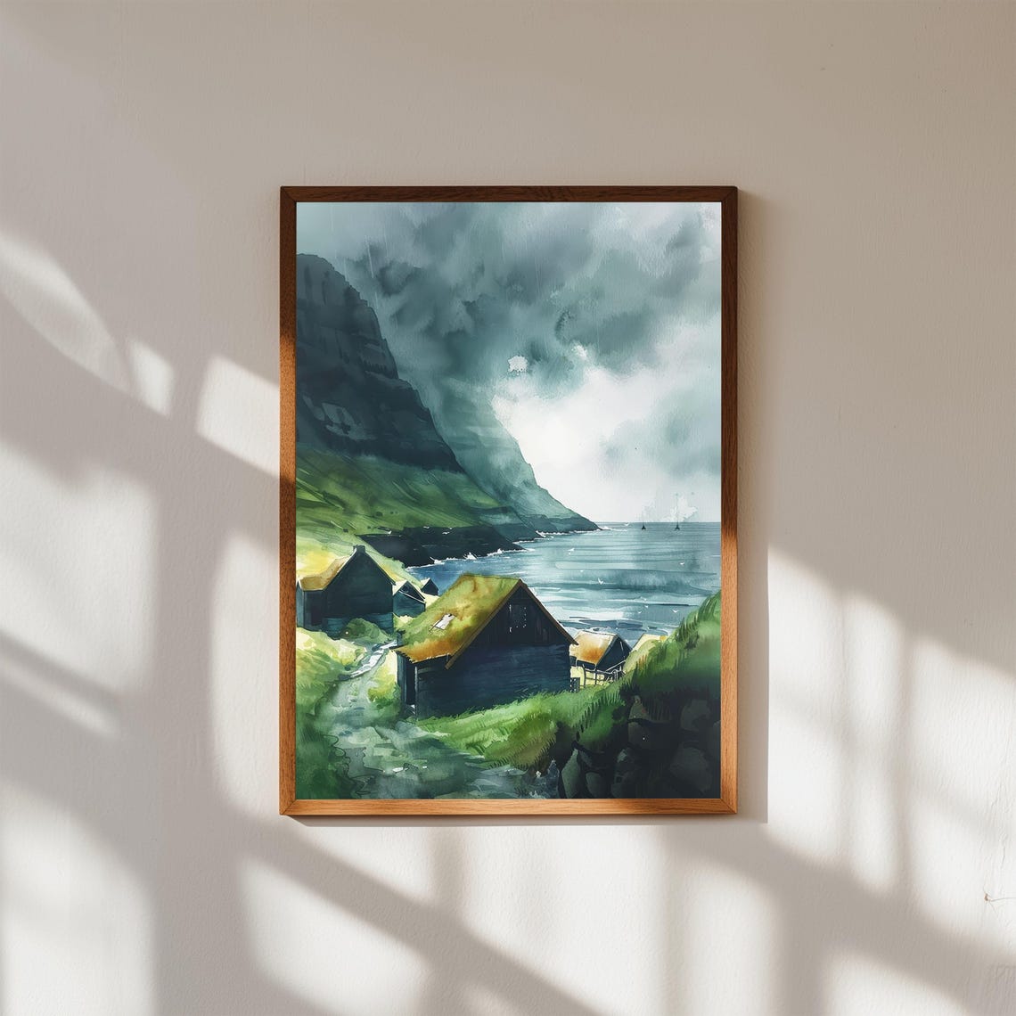 Faroe Islands Watercolor Print Grass Roof Huts Dramatic Cliffs