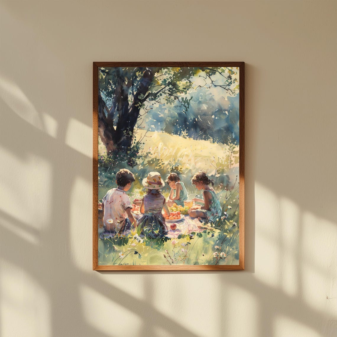 Watercolor Children Picnic Under Tree Summer Meadow Art Poster