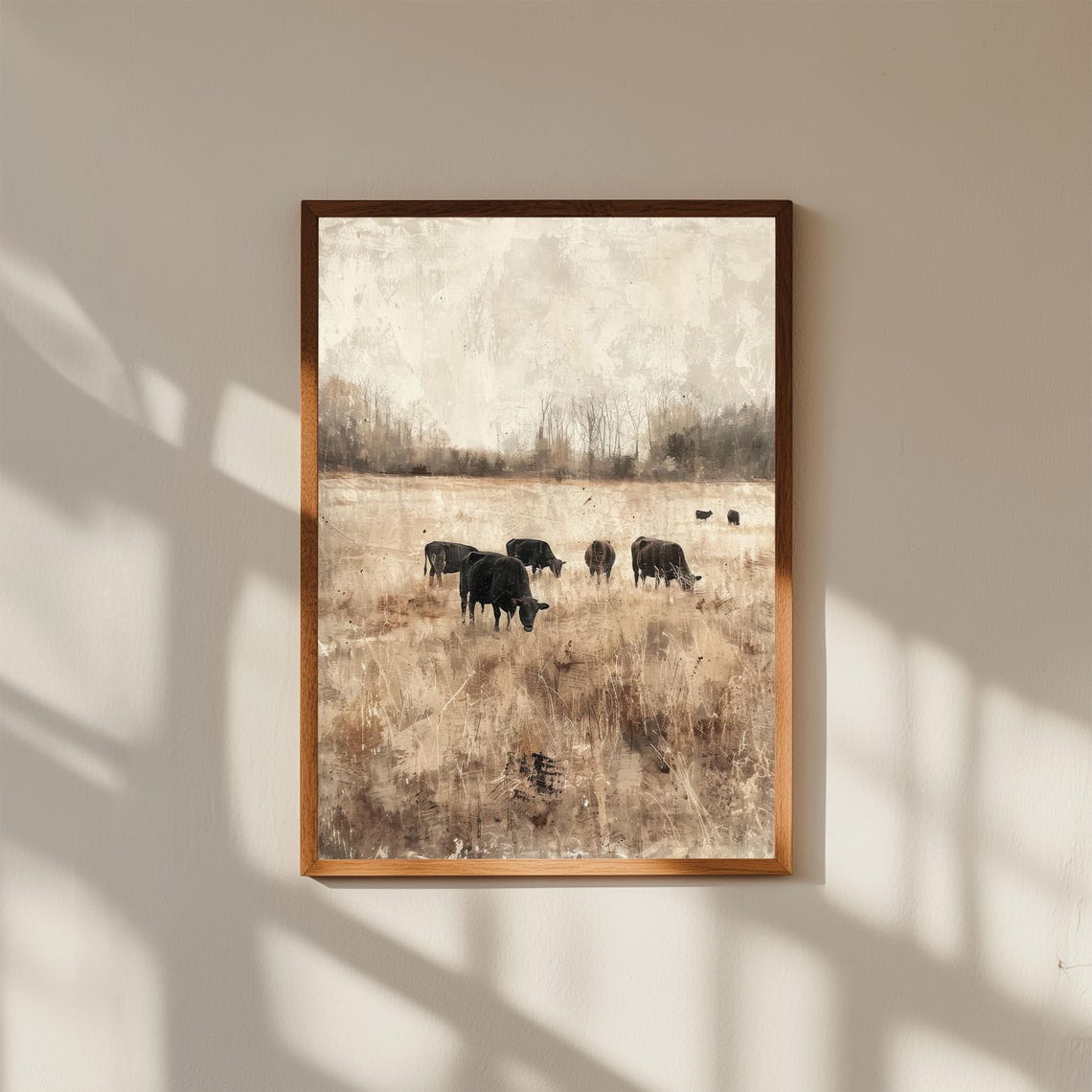 Black Cows Grazing in Dry Golden Wheat Field Vintage Farm Poster