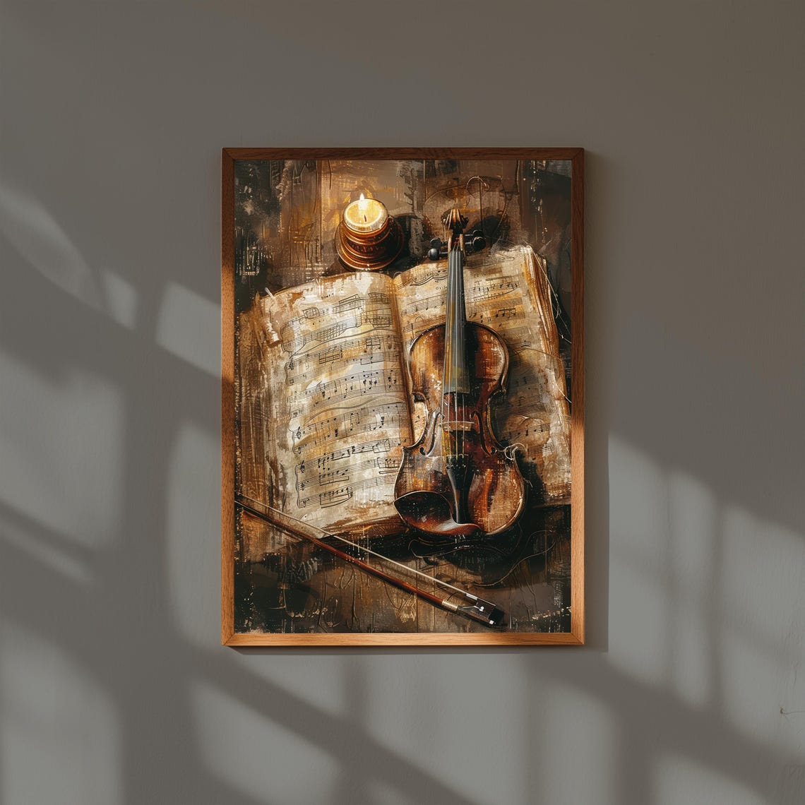 Violin Resting on Sheet Music with Candle Moody Scholarly Poster