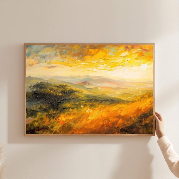 African Savanna Wall Art Golden Grassland Sunset Printnature Poster Nature Oil Painting Style Decor Safari View Framed Or Unframed