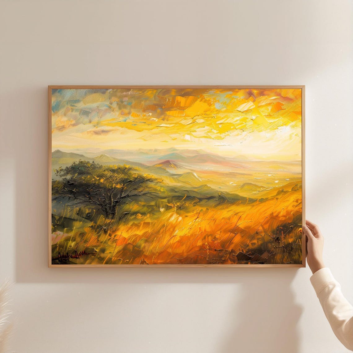 African Savanna Sunset Golden Grassland Oil Painting Style Poster