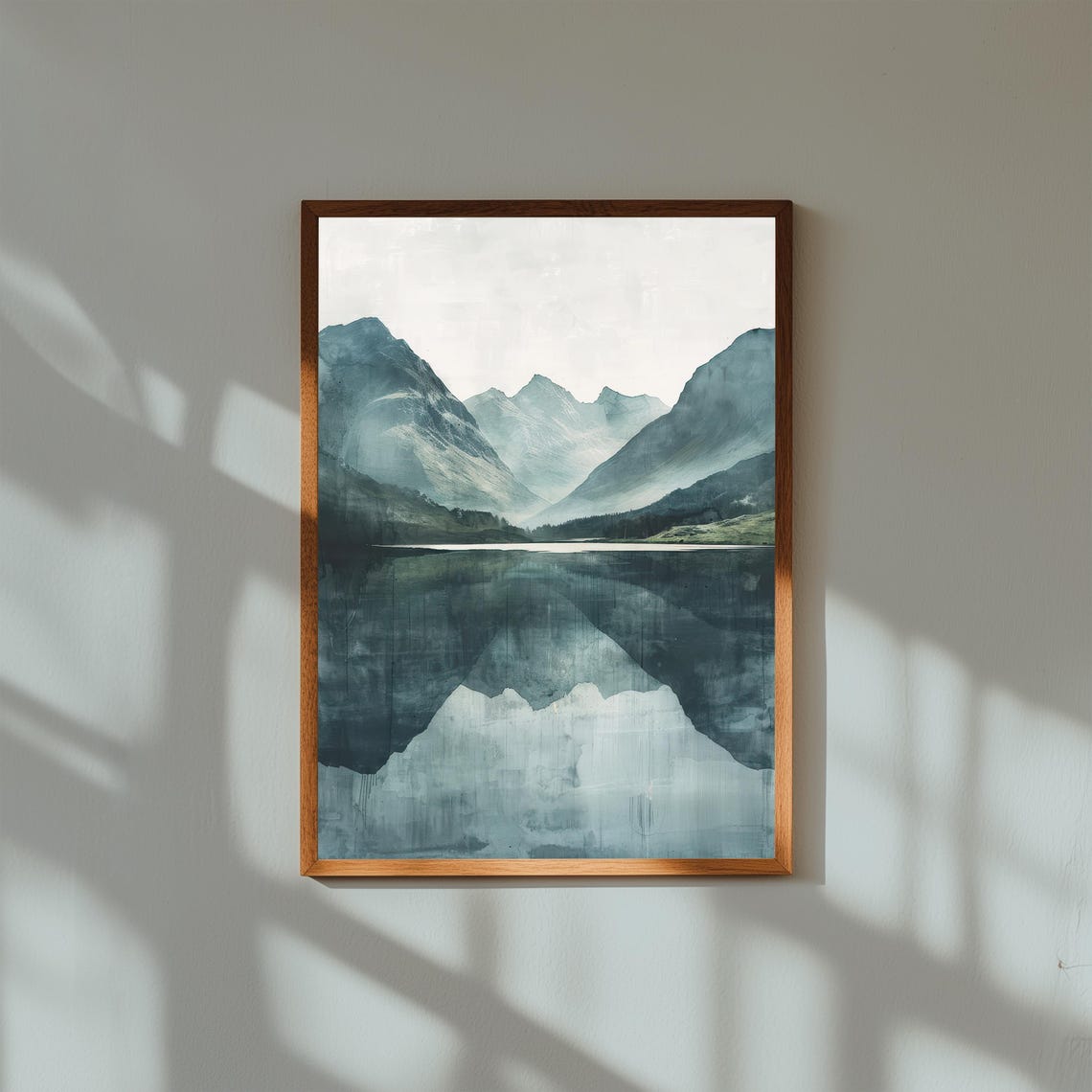 Misty Mountain Lake Mirror Reflection Moody Blue Watercolor Art Poster