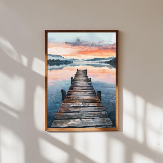 Sunset Lake Wooden Pier Misty Mountains Watercolor Art Poster