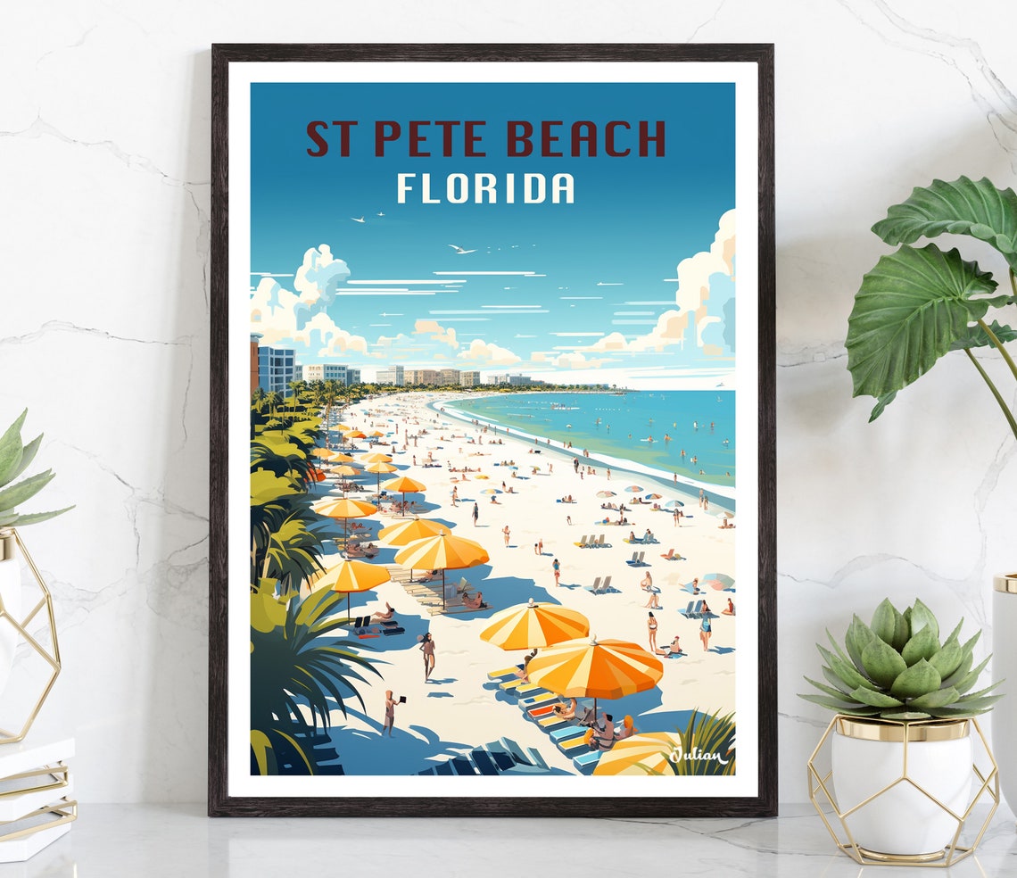 St Pete Beach Florida Busy Shoreline Orange Umbrellas Poster