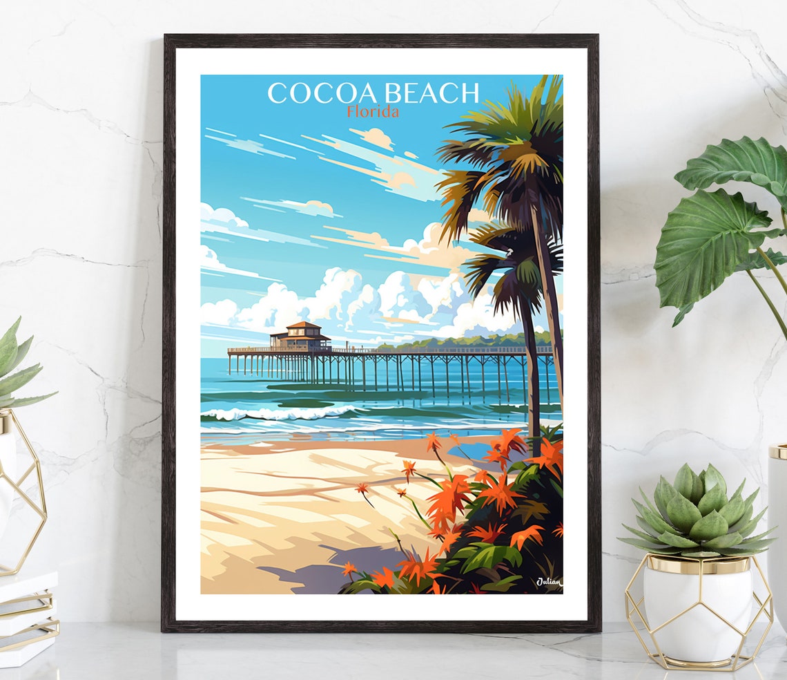 Cocoa Beach Pier Over Ocean Waves Daytime Florida Travel Poster