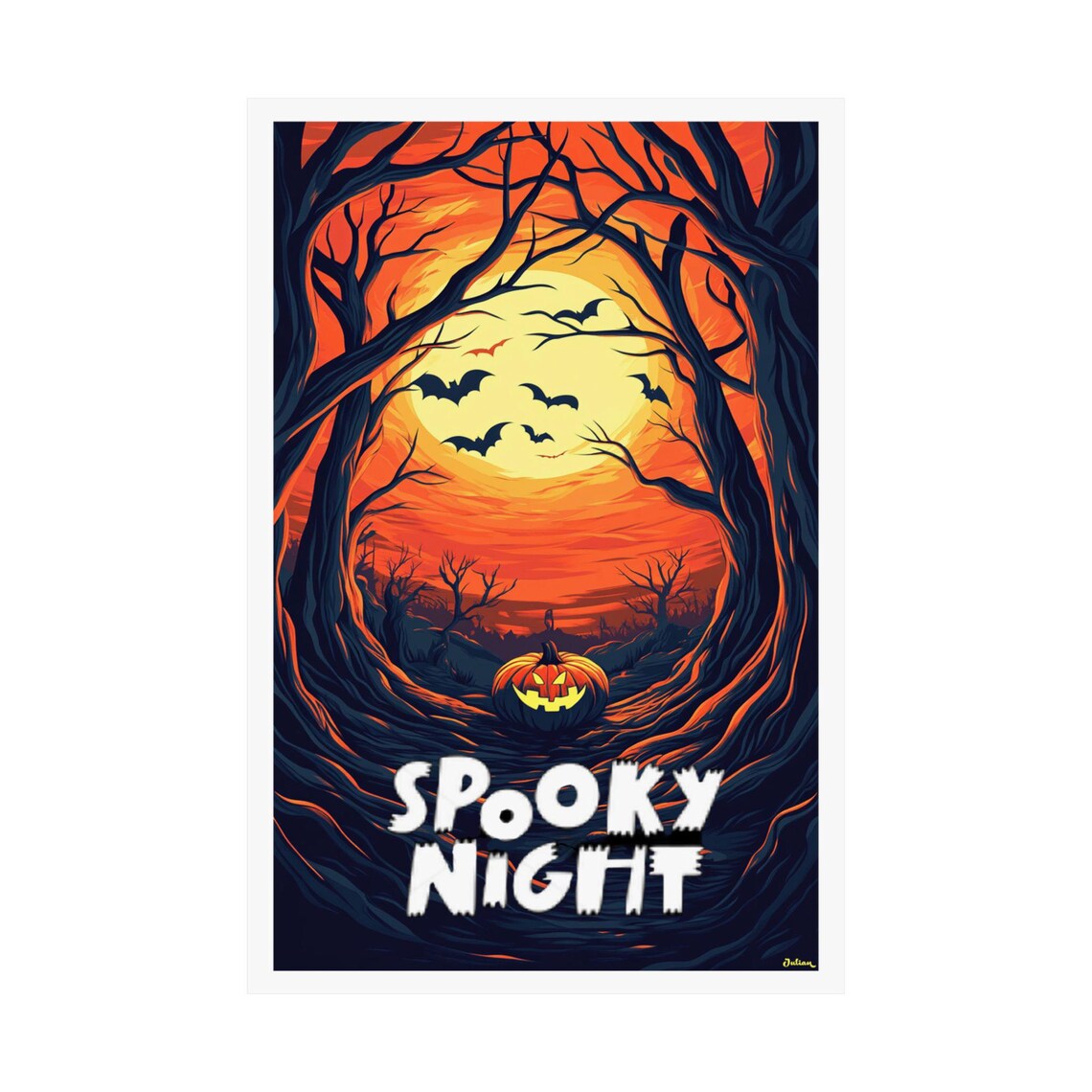 Spooky Night Glowing Pumpkin in Moonlit Forest Halloween Poster - Image 2