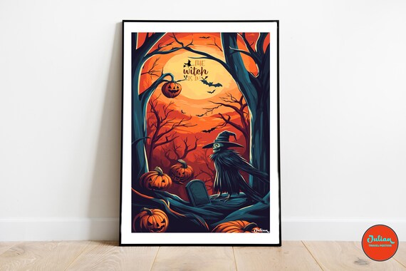 The Witch Is In Spooky Forest Night With Pumpkins Halloween Poster