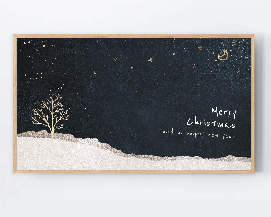 Merry Christmas Starry Night Gold Tree Minimal Holiday Poster