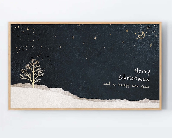 Merry Christmas Starry Night Gold Tree Minimal Holiday Poster