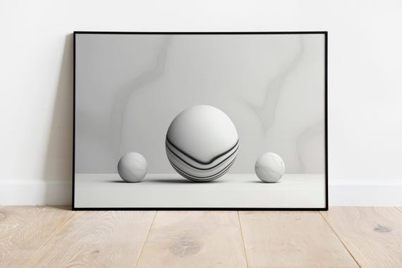 White Marble Spheres Gray Background Space Interior Design Wall Art Minimalist Prints Abstract Architecture