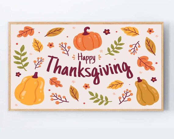Happy Thanksgiving Hand Lettering Pumpkins Fall Leaves Wall Art