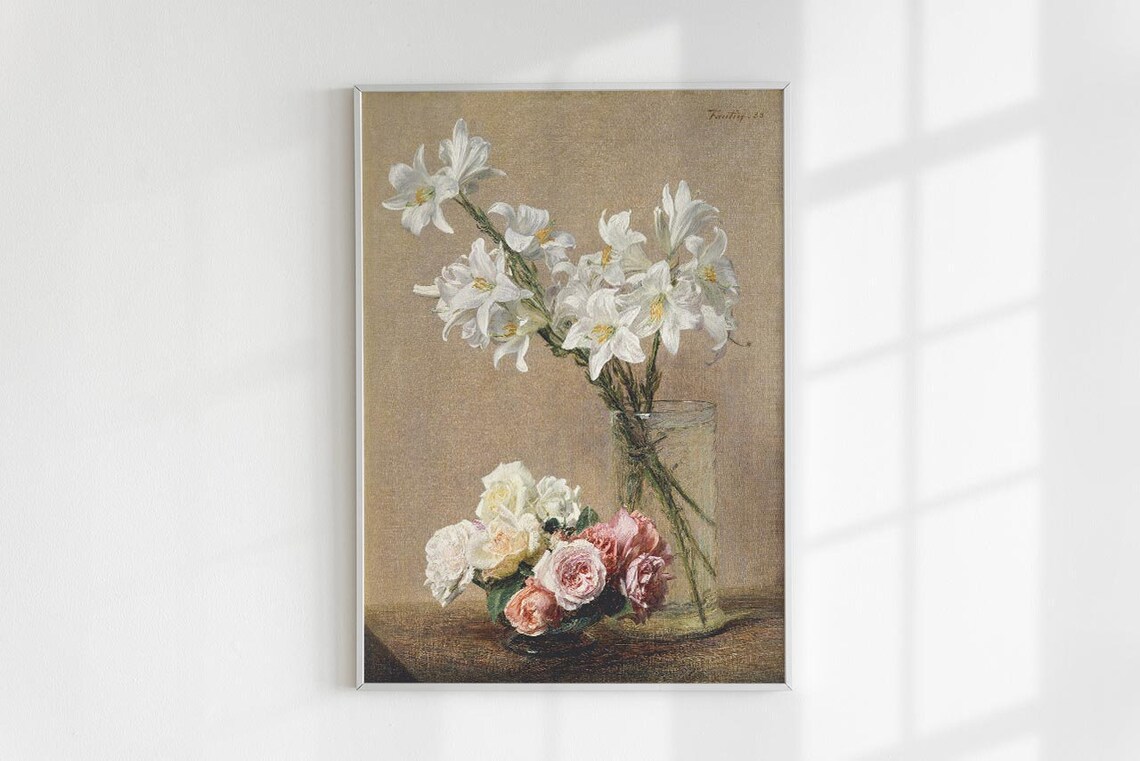 Vintage White Lilies and Roses Still Life in Glass Vase Poster