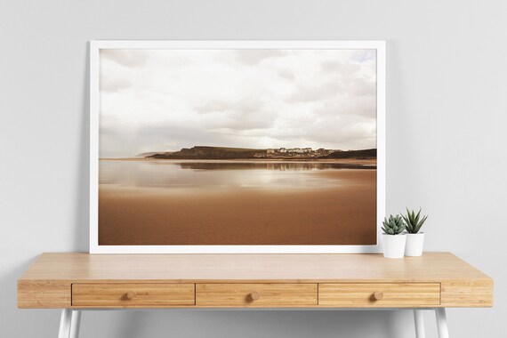 Neutral Beach Reflections Wet Sand Coastal Photography Wall Art